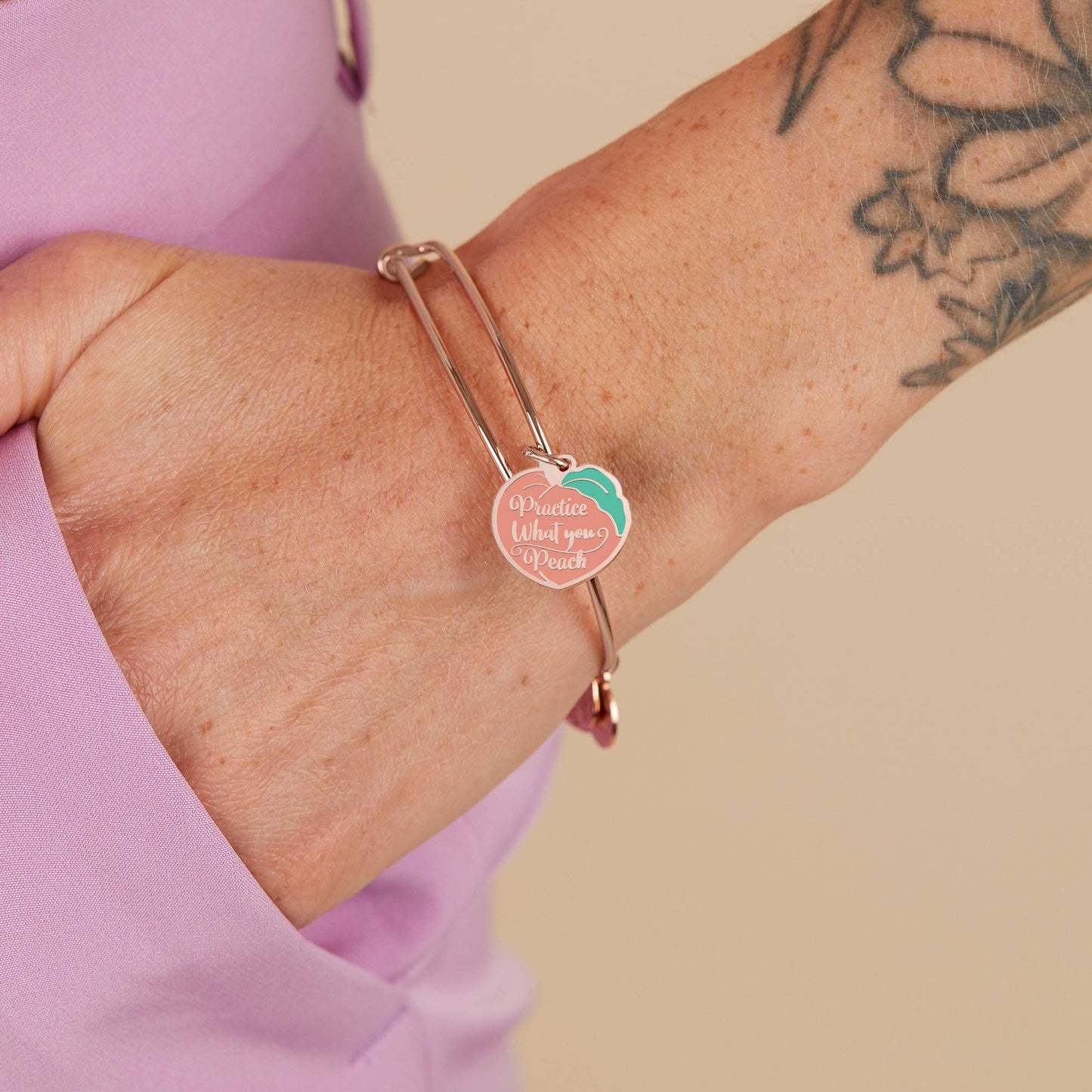Alex + Ani - Practice What You Peach' Charm Bangle: Shiny Rose Gold