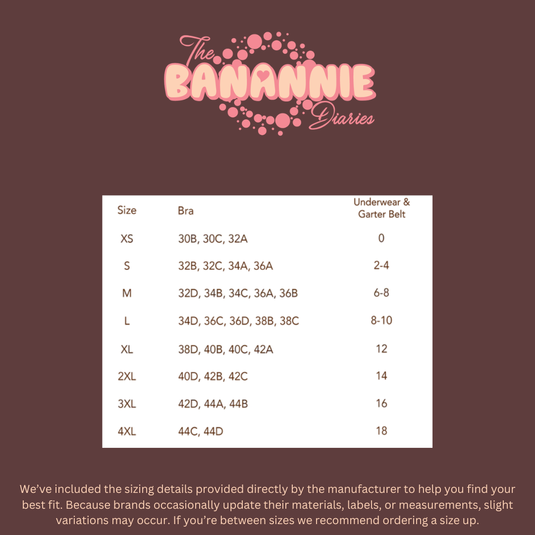 Size chart for bras and underwear by Roxy Intimates with 'The Banannie Diaries' branding on a brown background.