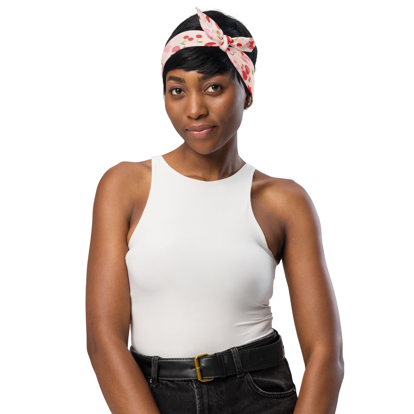 Model wearing Please Please Please Love Yourself Bandana in Medium size, pink color, perfect for headscarf or accessories.