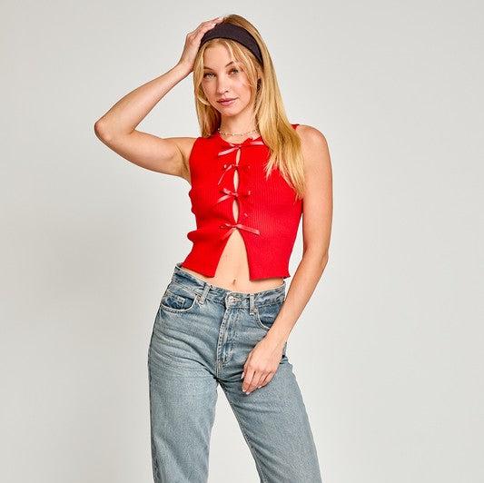 Satin Bow Sleeveless Knit Top
