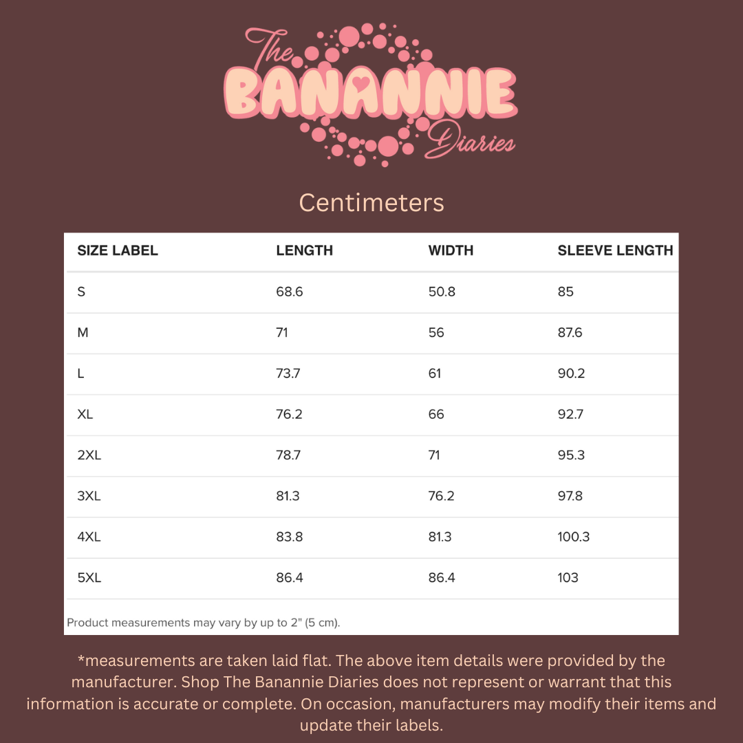 Measurement chart for clothing sizes in centimeters with 'The Banannie Diaries' branding on a brown background.
