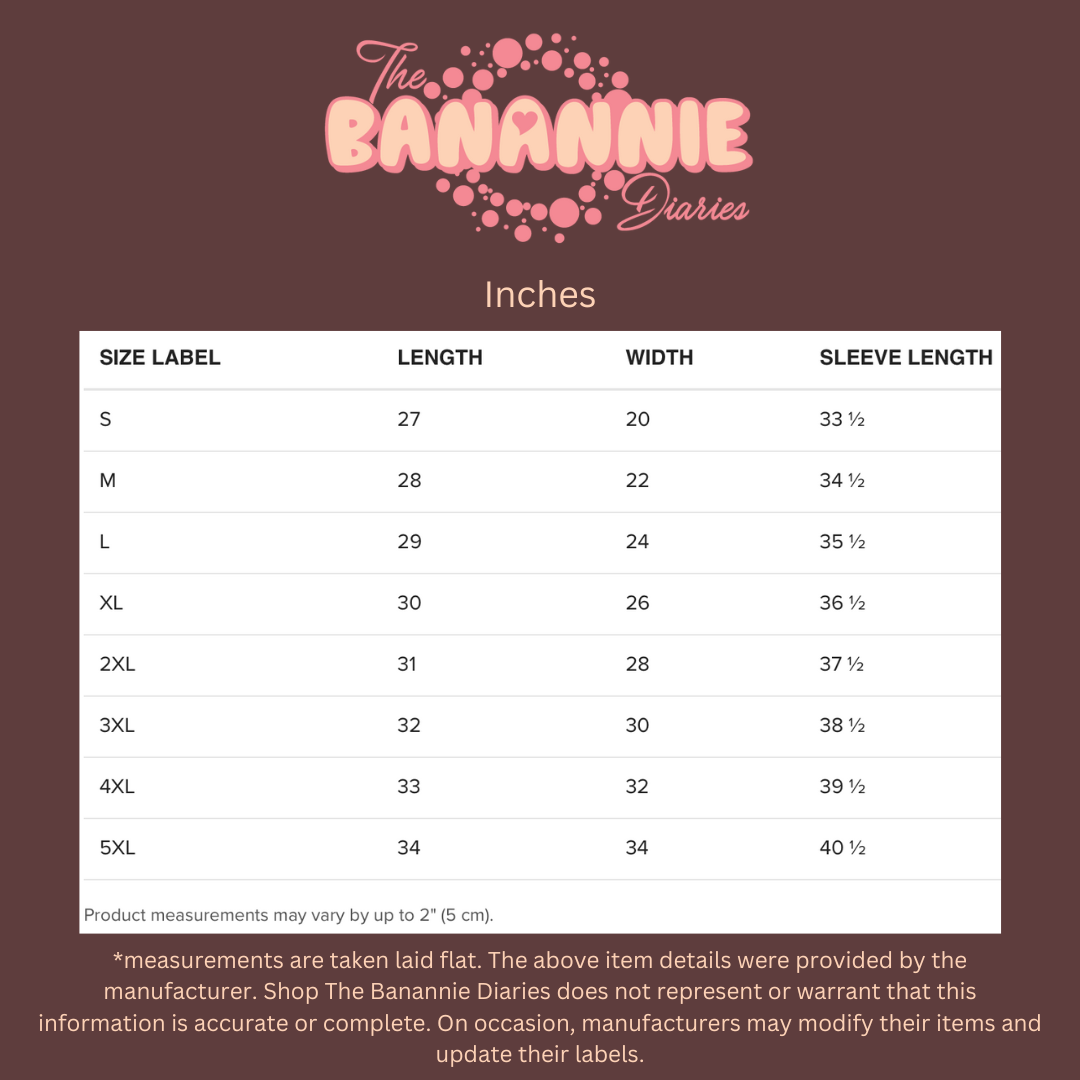 Size chart for clothing from The Banannie Diaries on a brown background