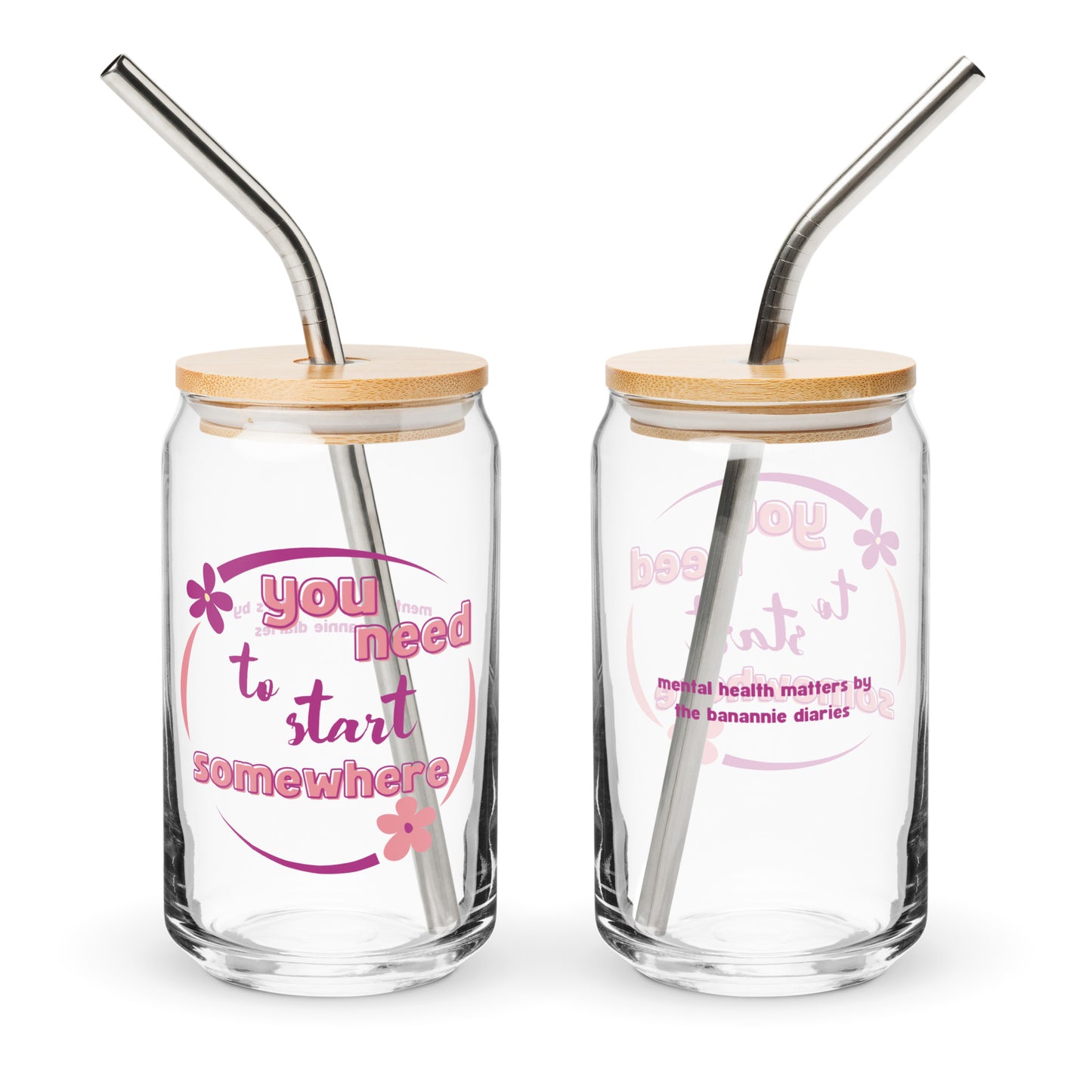 Two glass jars with bamboo lids and straws, featuring motivational text on a white background.