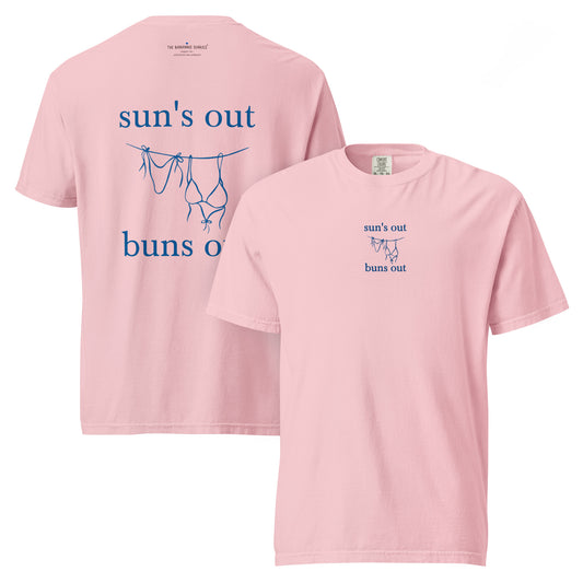 Pink t-shirt with 'sun's out buns out' text and graphic with a bikini design