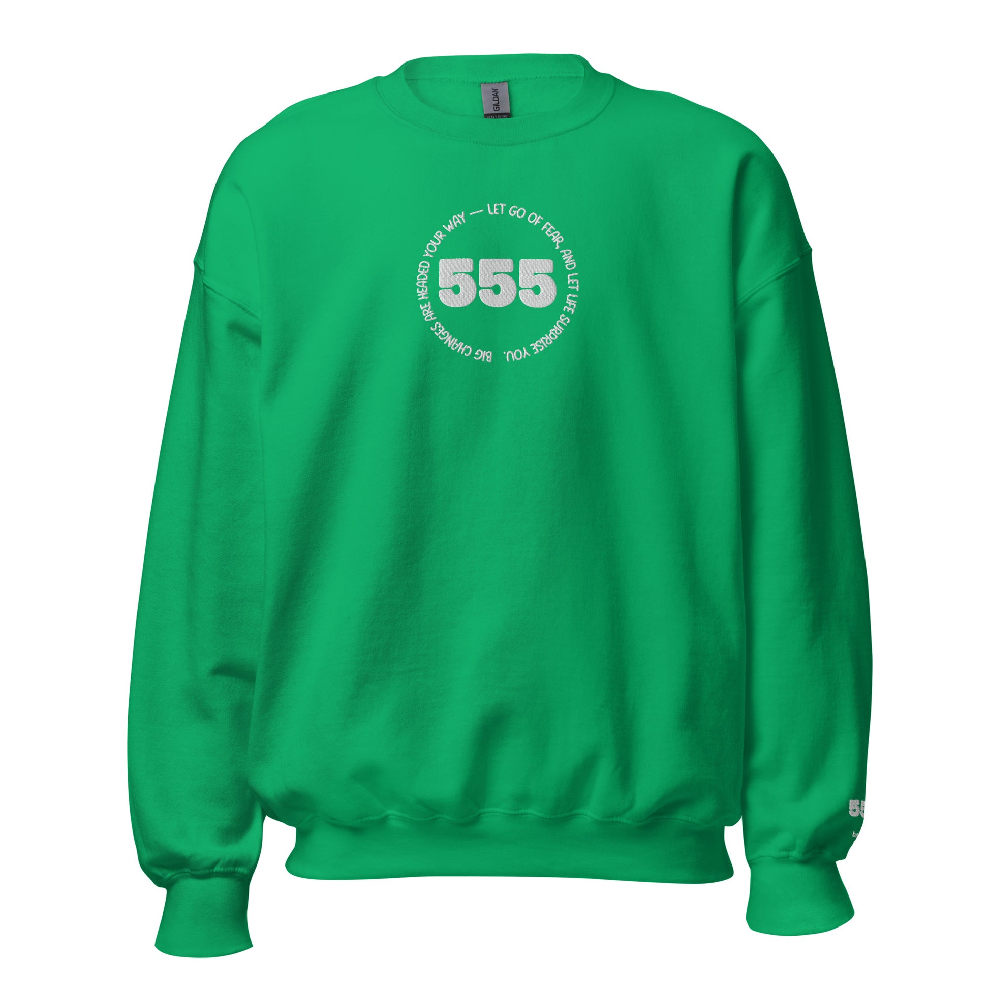 Green sweatshirt with '555' print on a green background