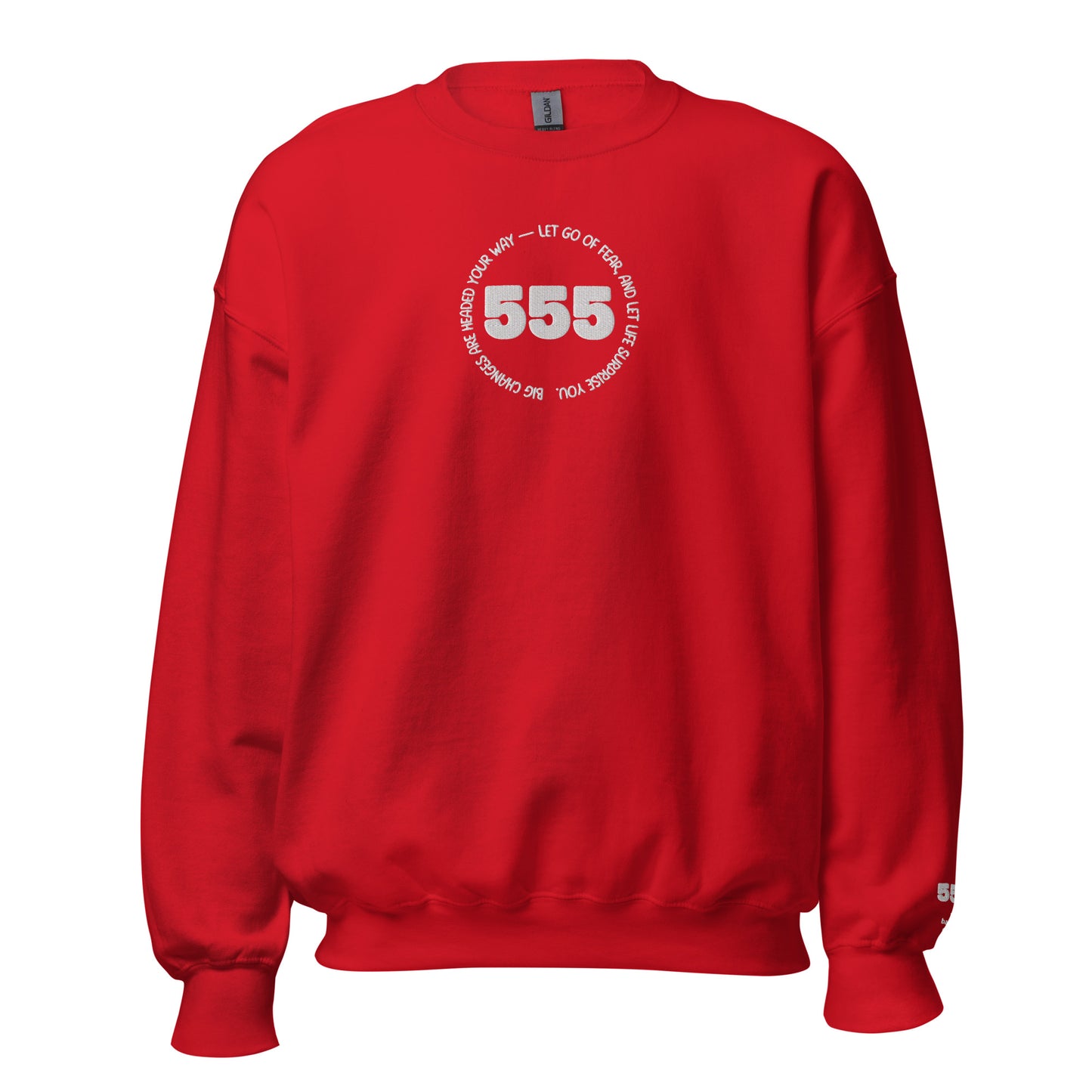 Red sweatshirt with white text and number '555' on a red background