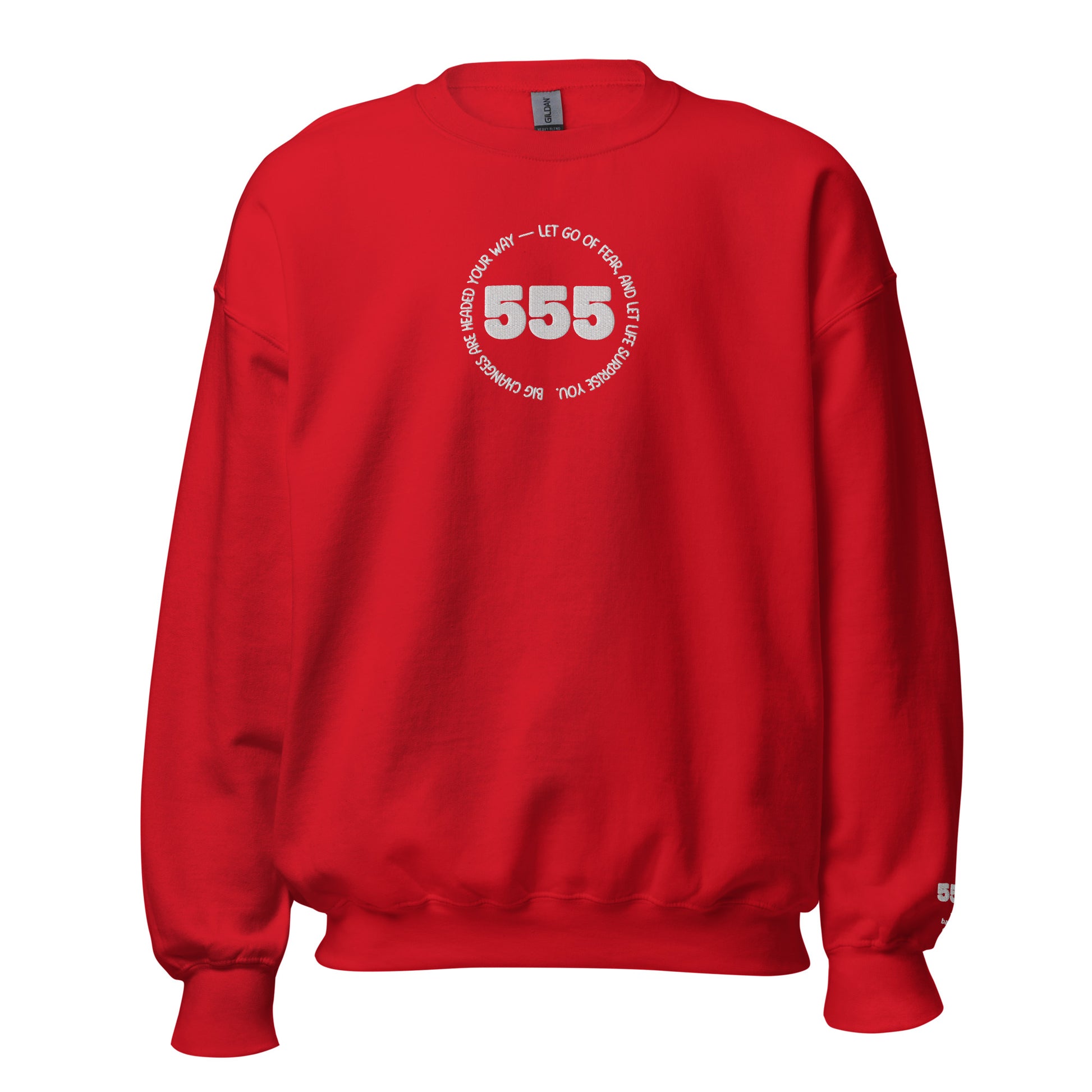 Red sweatshirt with white text and number '555' on a red background