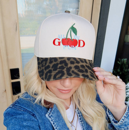 All In Good Fun- Leopard Brim Embroidered Hat