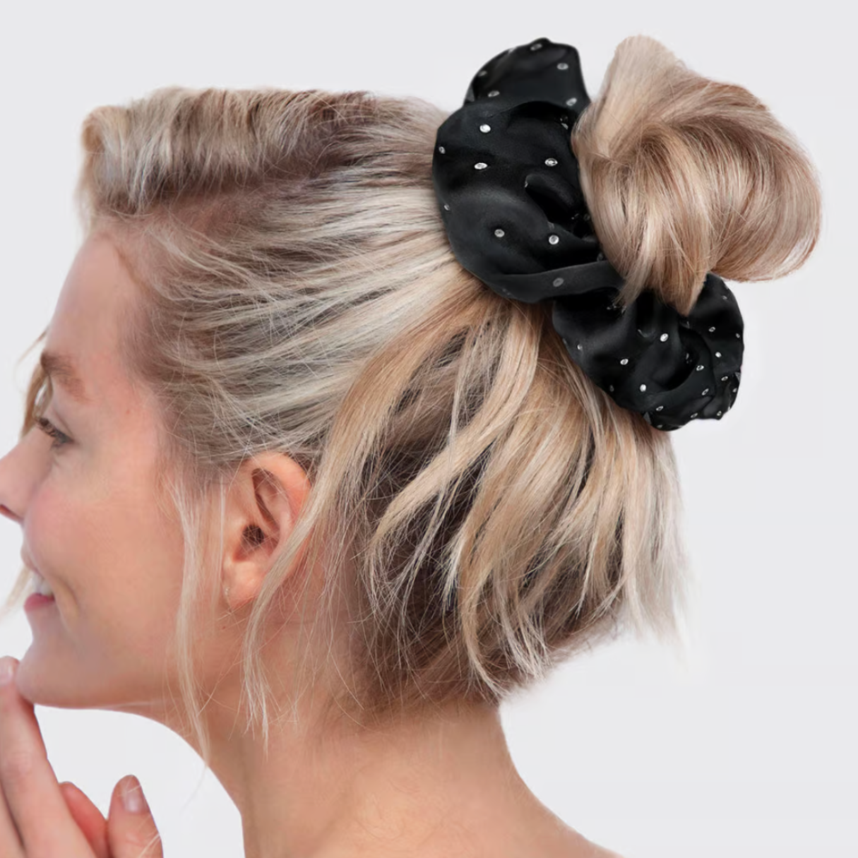 Black Satin Rhinestone Brunch Scrunchie - by Kitsch