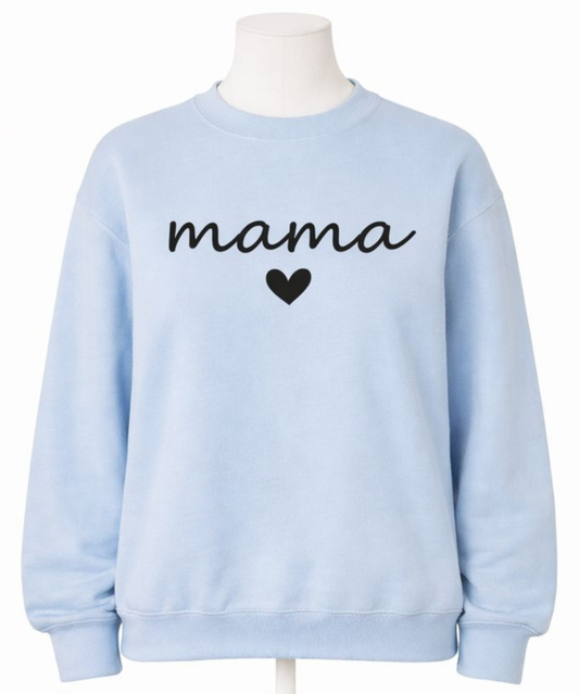 Light blue sweatshirt with 'mama' and a heart on a mannequin against a white background