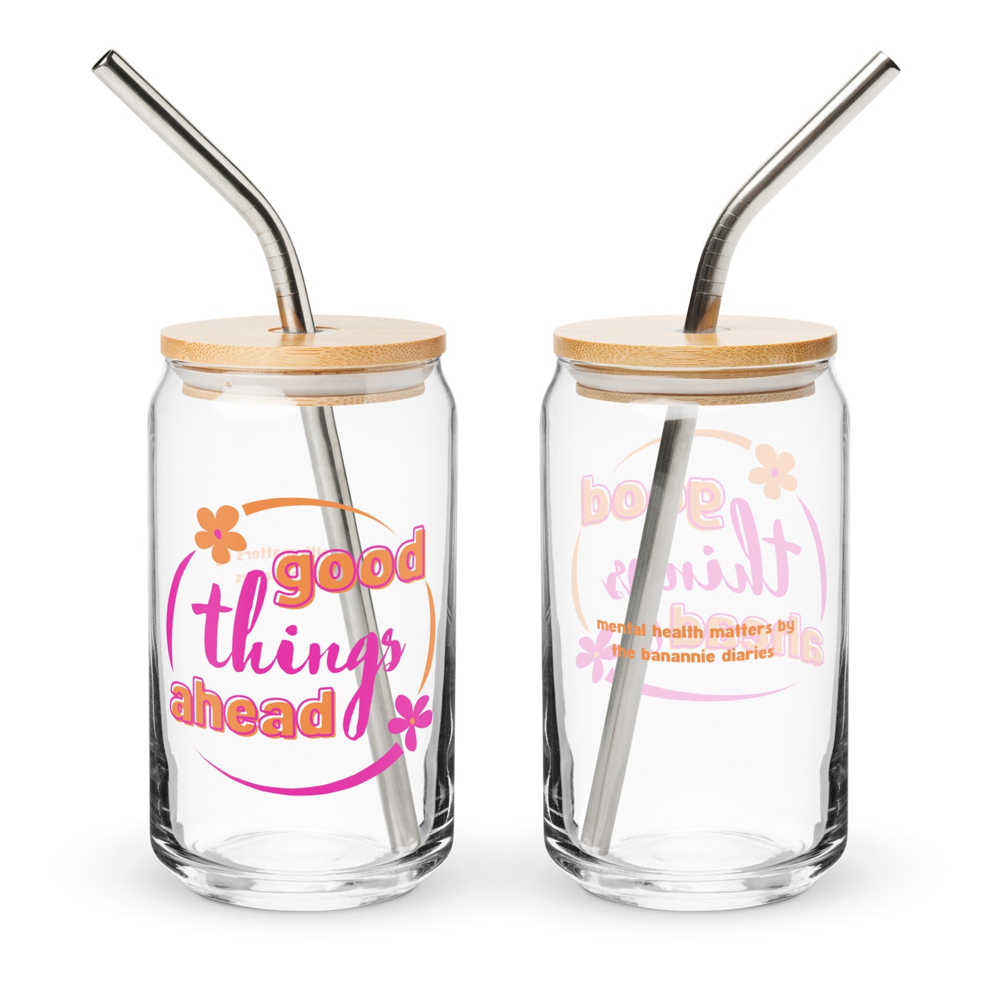 Two glass jars with bamboo lids and straws, featuring motivational text on a white background.
