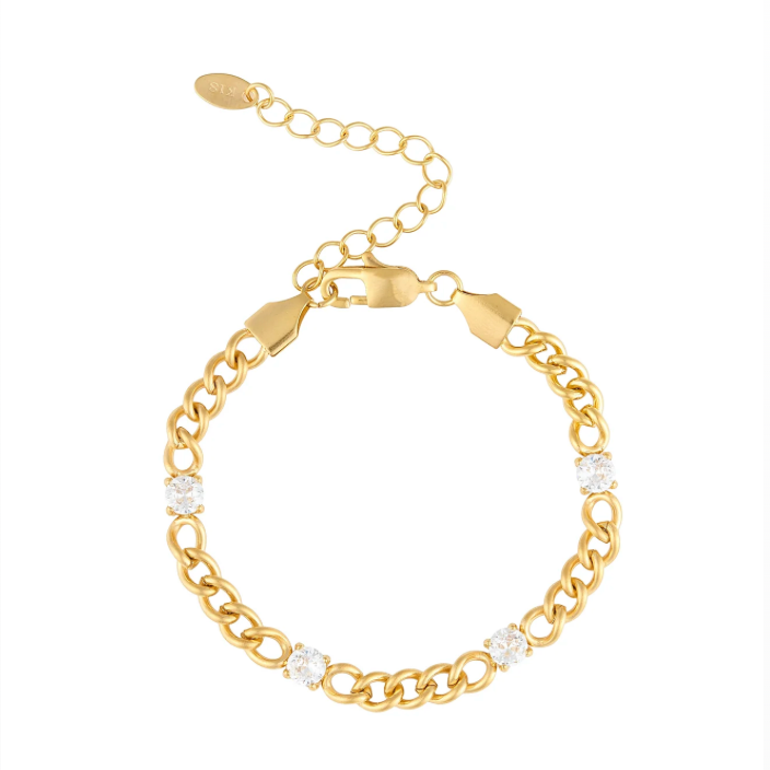 Gold chain bracelet with small rhinestones on a white background