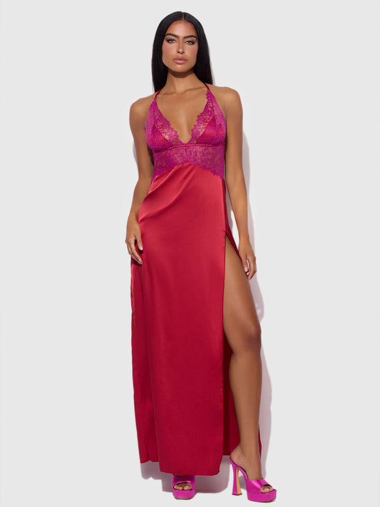 Jocelyn Satin & Lace Long High Slit Gown