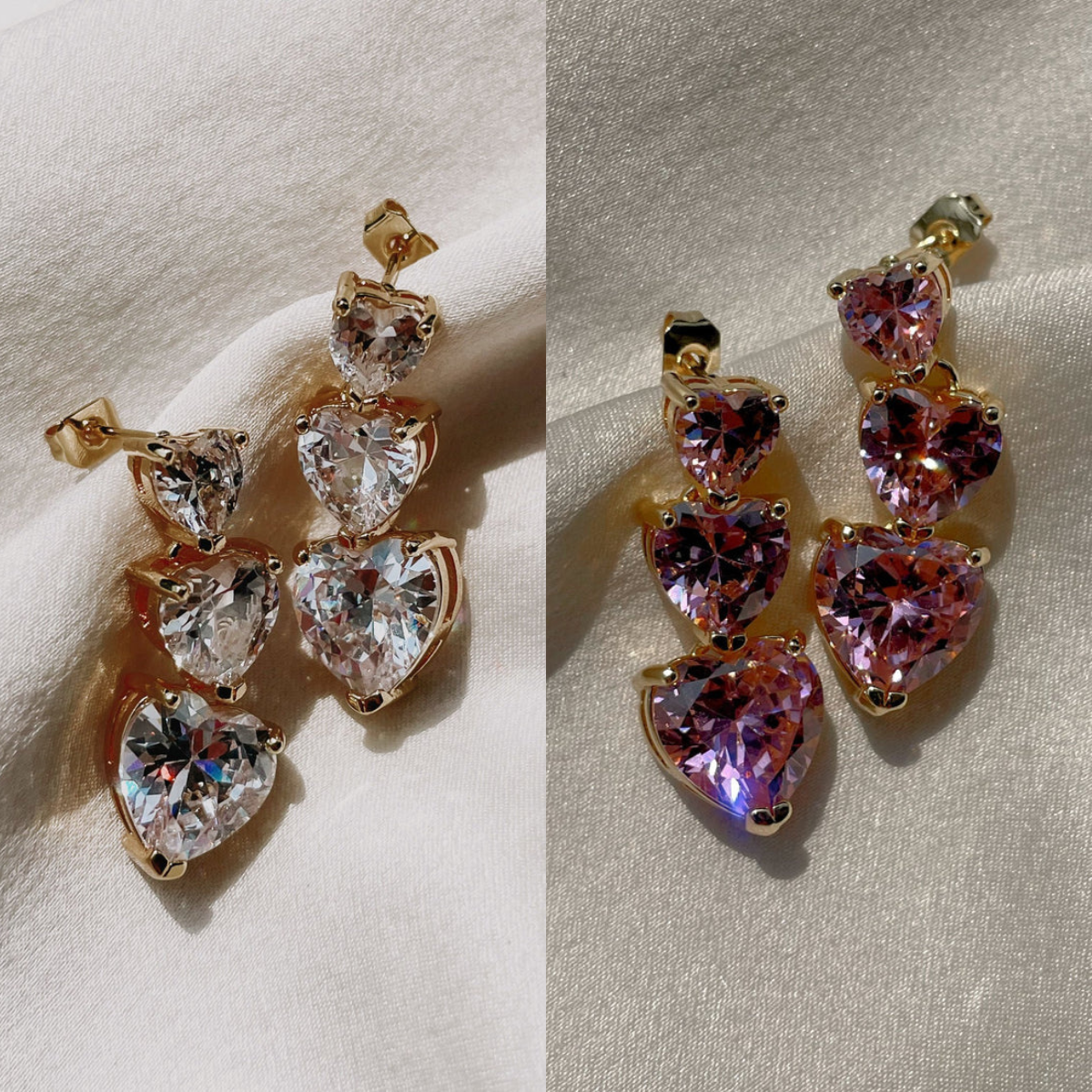 A pair of heart-shaped earrings with clear and pink cubic zirconia, gold-colored metal frames.