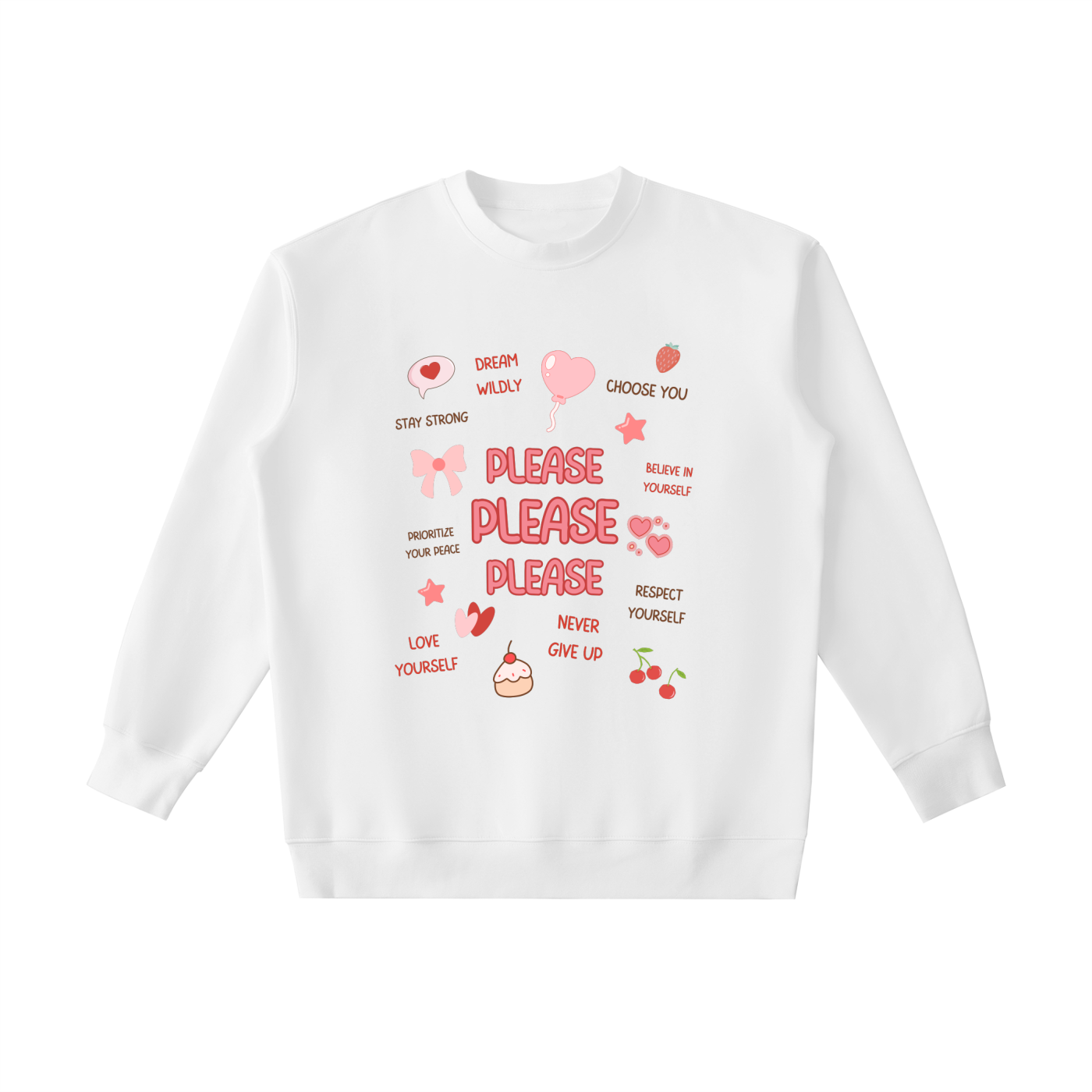 White sweatshirt with motivational text and graphics on a white background