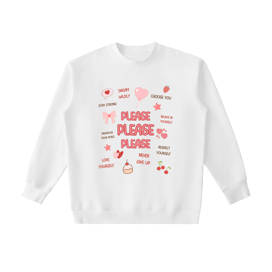 White sweatshirt with motivational text and graphics on a white background