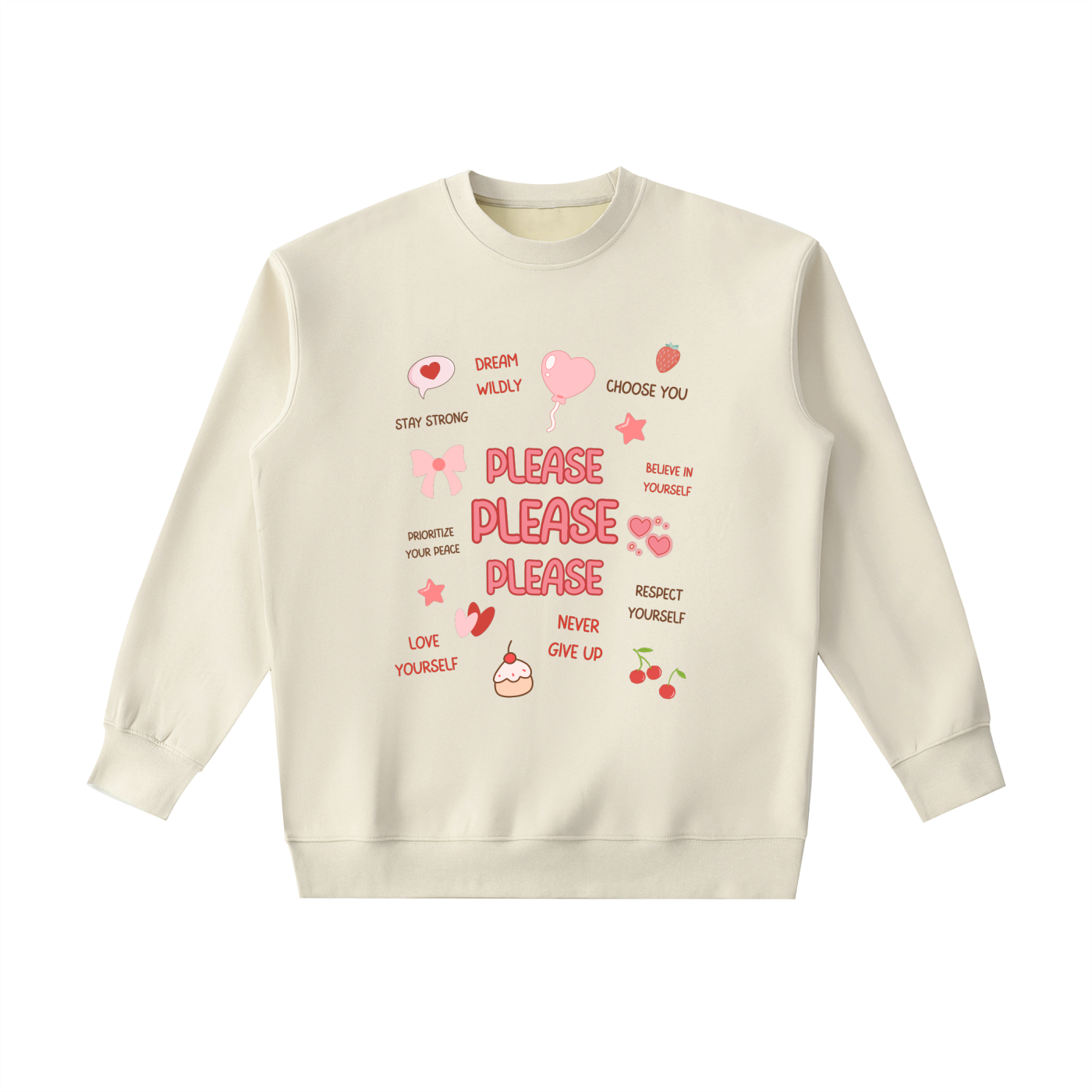 Beige sweatshirt with motivational text and graphics on a white background