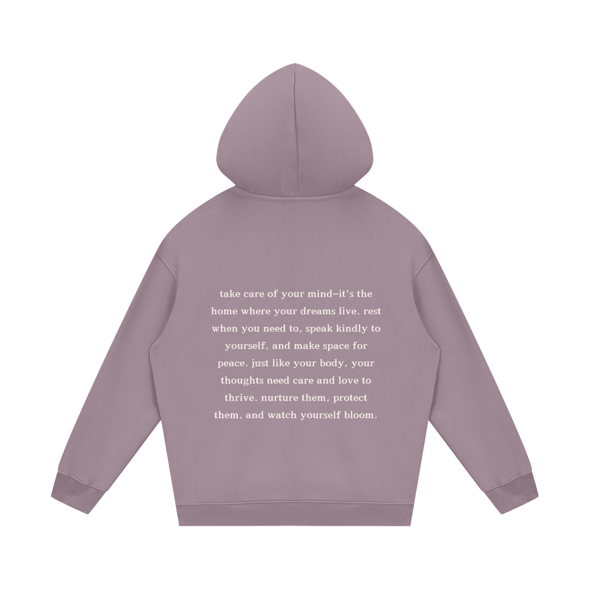 Purple hoodie with text on the back on a white background