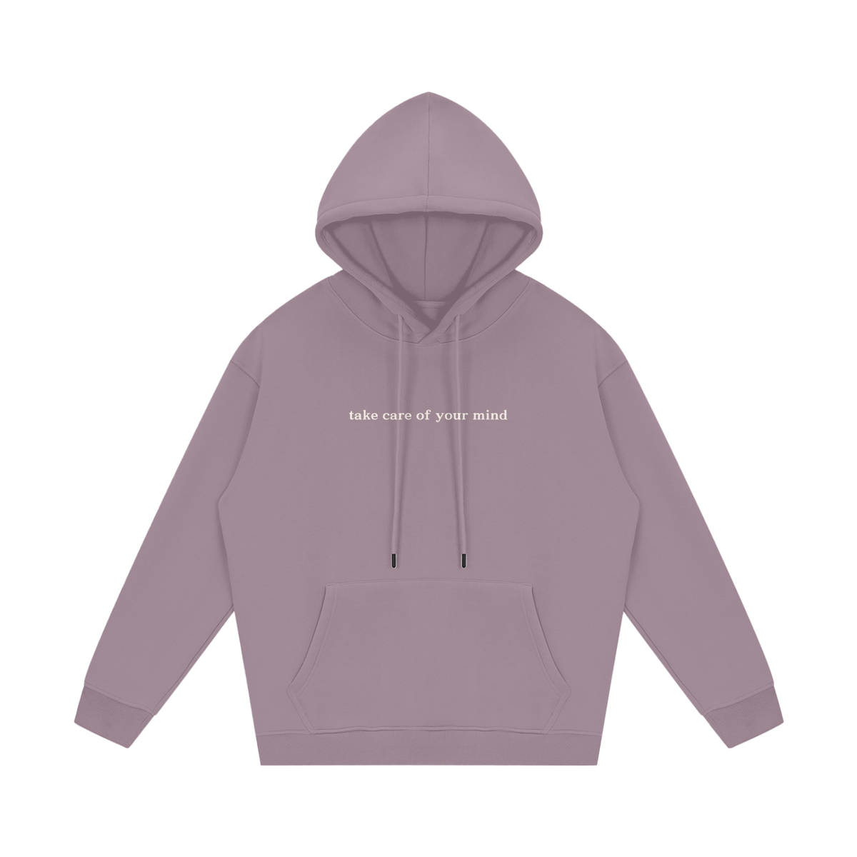 Purple hoodie with 'take care of your mind' text on a white background