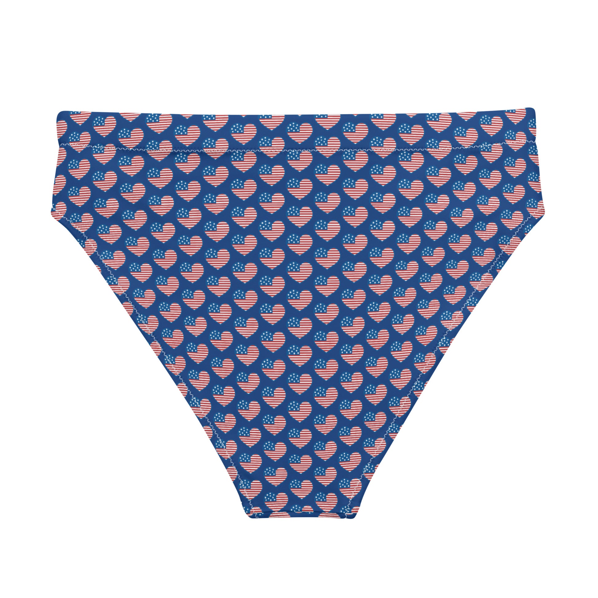 Discover the American Hearts Recycled High-Waisted Bikini Bottom, crafted for both comfort and sustainability. This eco-conscious design features a double-layered construction for added support and a flattering silhouette. Pair it seamlessly with our matching top for a coordinated beach ensemble or a laid-back day at the spa.  - Double-layered for extra support - Tear-away care label