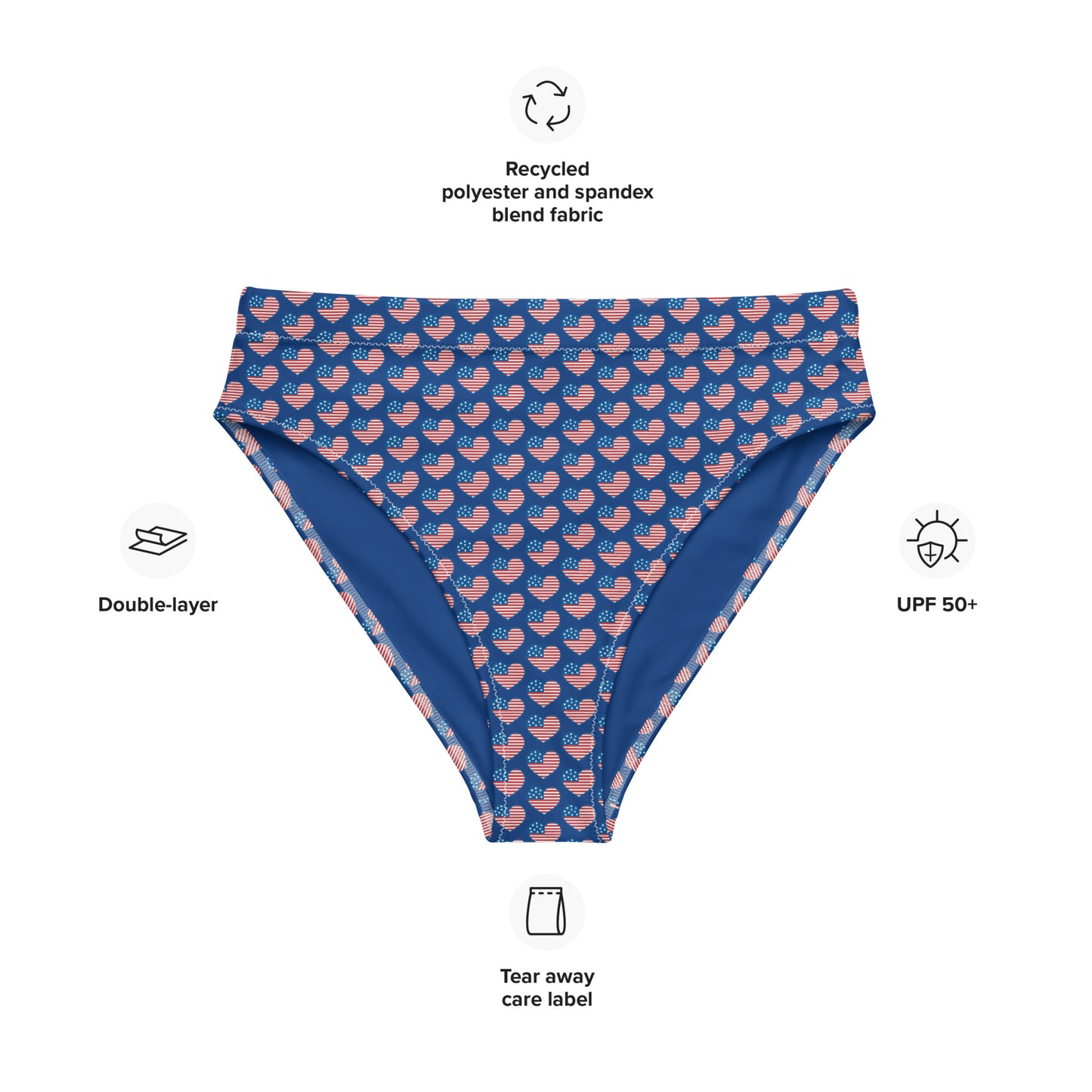 Discover the American Hearts Recycled High-Waisted Bikini Bottom, crafted for both comfort and sustainability. This eco-conscious design features a double-layered construction for added support and a flattering silhouette. Pair it seamlessly with our matching top for a coordinated beach ensemble or a laid-back day at the spa.  - Double-layered for extra support - Tear-away care label