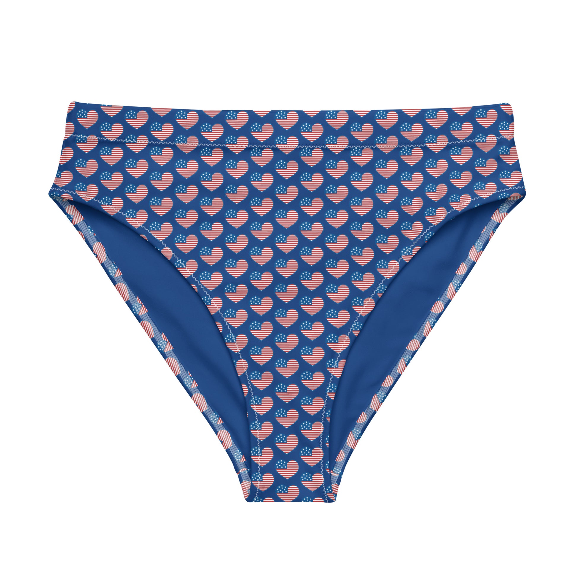 Discover the American Hearts Recycled High-Waisted Bikini Bottom, crafted for both comfort and sustainability. This eco-conscious design features a double-layered construction for added support and a flattering silhouette. Pair it seamlessly with our matching top for a coordinated beach ensemble or a laid-back day at the spa.  - Double-layered for extra support - Tear-away care label