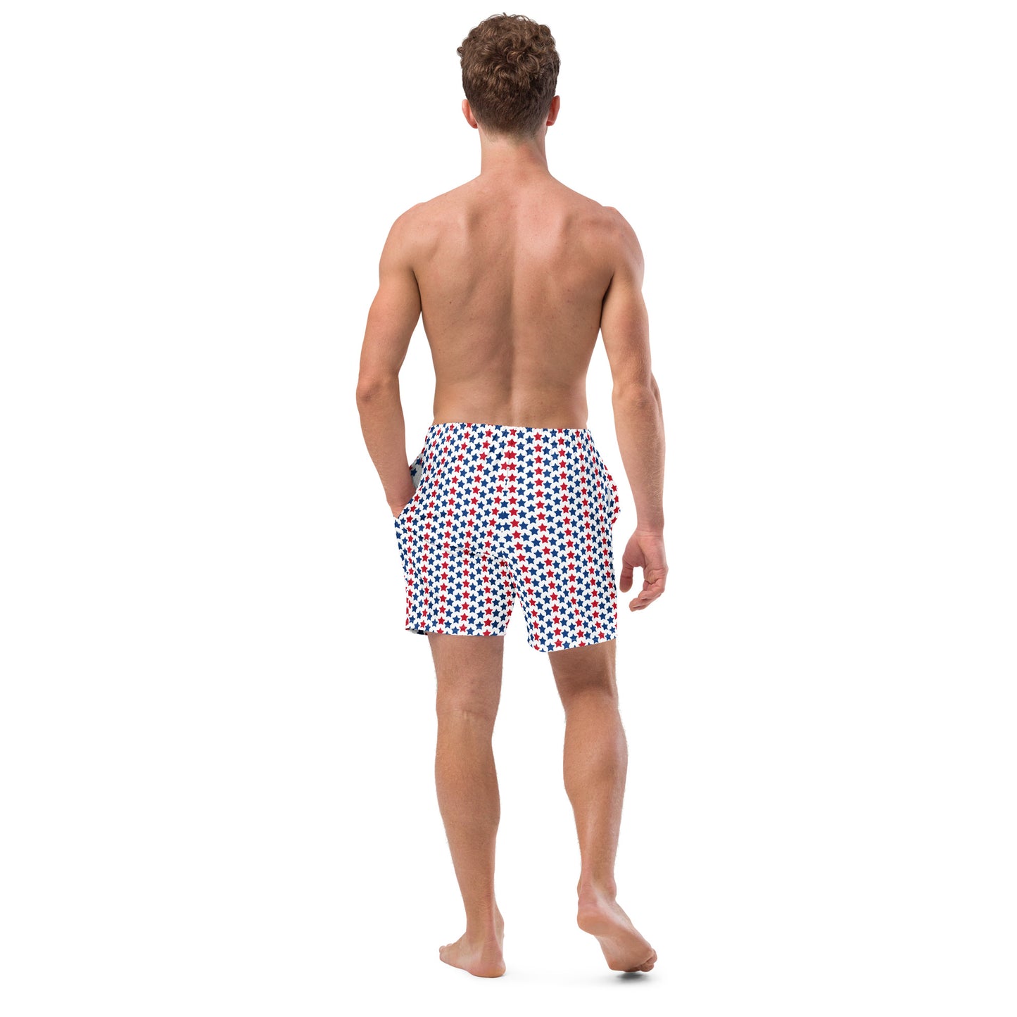 Red, White, And Stars Men's Swim Trunks - Perfect for a hot summer day, these swim trunks offer everything you need: quick-drying, breathable fabric, multiple pockets for your belongings, and a silky, anti-chafe inner liner. Get yours now!  • Anti-chafe mesh inner liner • Elastic waistband with drawcord • Mesh pockets • Small inside pocket for valuables (not waterproof) • UPF 50+
