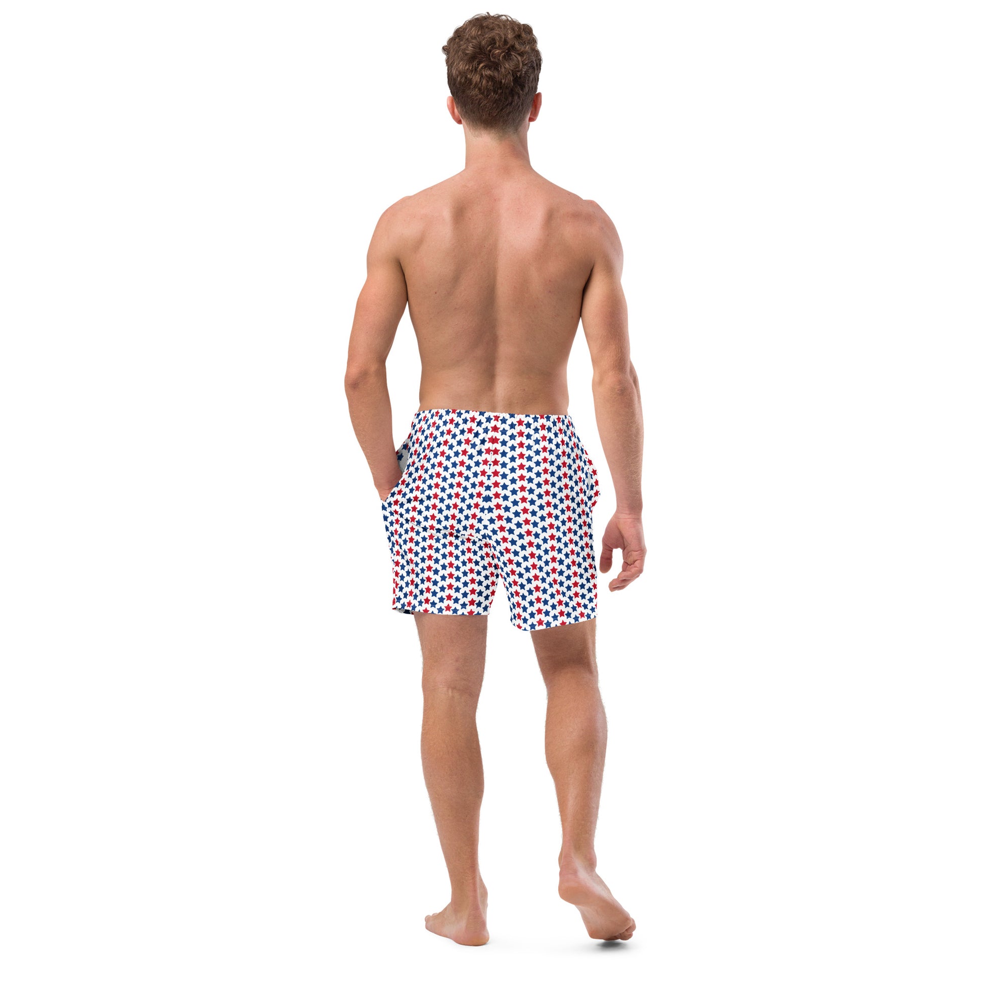 Red, White, And Stars Men's Swim Trunks - Perfect for a hot summer day, these swim trunks offer everything you need: quick-drying, breathable fabric, multiple pockets for your belongings, and a silky, anti-chafe inner liner. Get yours now!  • Anti-chafe mesh inner liner • Elastic waistband with drawcord • Mesh pockets • Small inside pocket for valuables (not waterproof) • UPF 50+