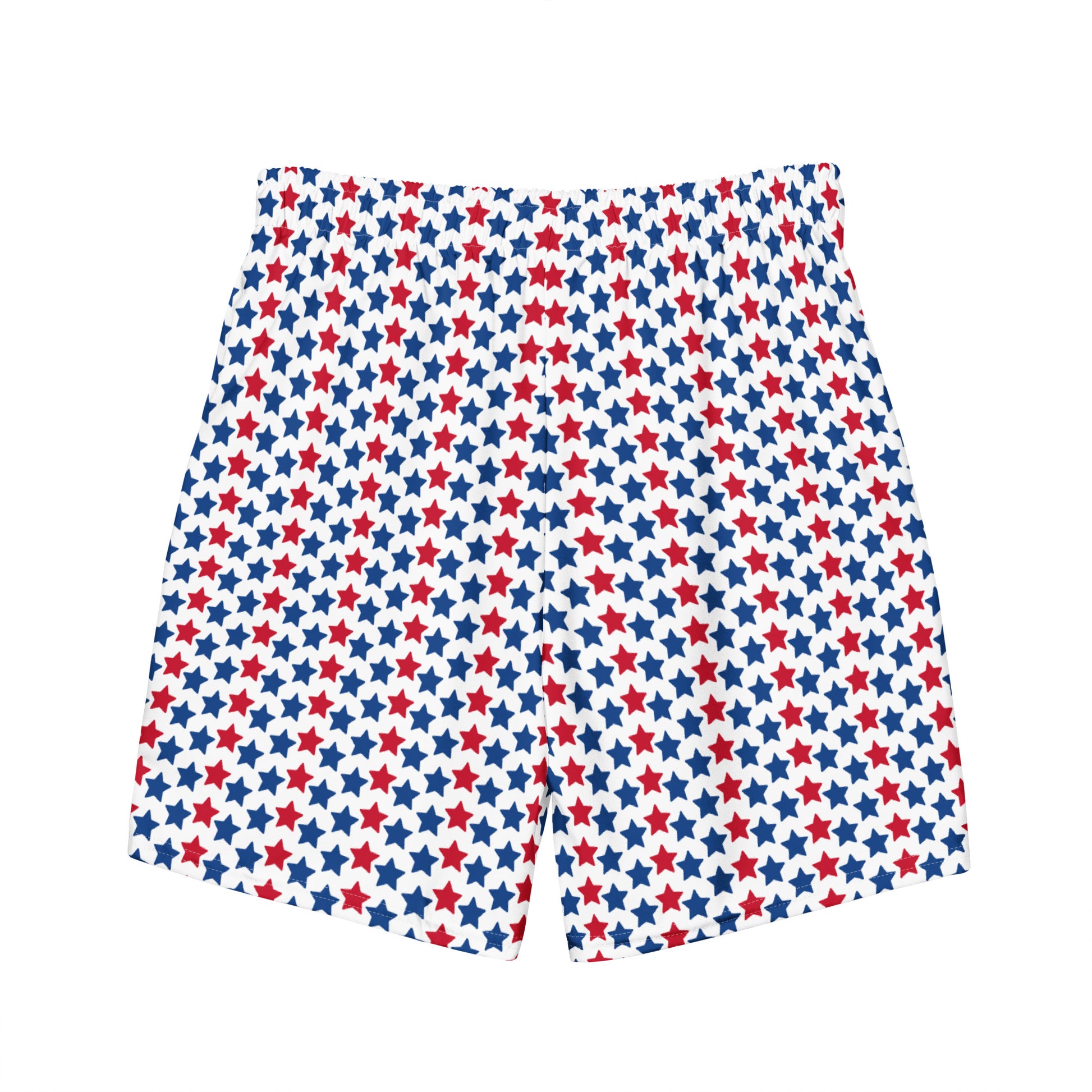 Red, White, And Stars Men's Swim Trunks - Perfect for a hot summer day, these swim trunks offer everything you need: quick-drying, breathable fabric, multiple pockets for your belongings, and a silky, anti-chafe inner liner. Get yours now!  • Anti-chafe mesh inner liner • Elastic waistband with drawcord • Mesh pockets • Small inside pocket for valuables (not waterproof) • UPF 50+
