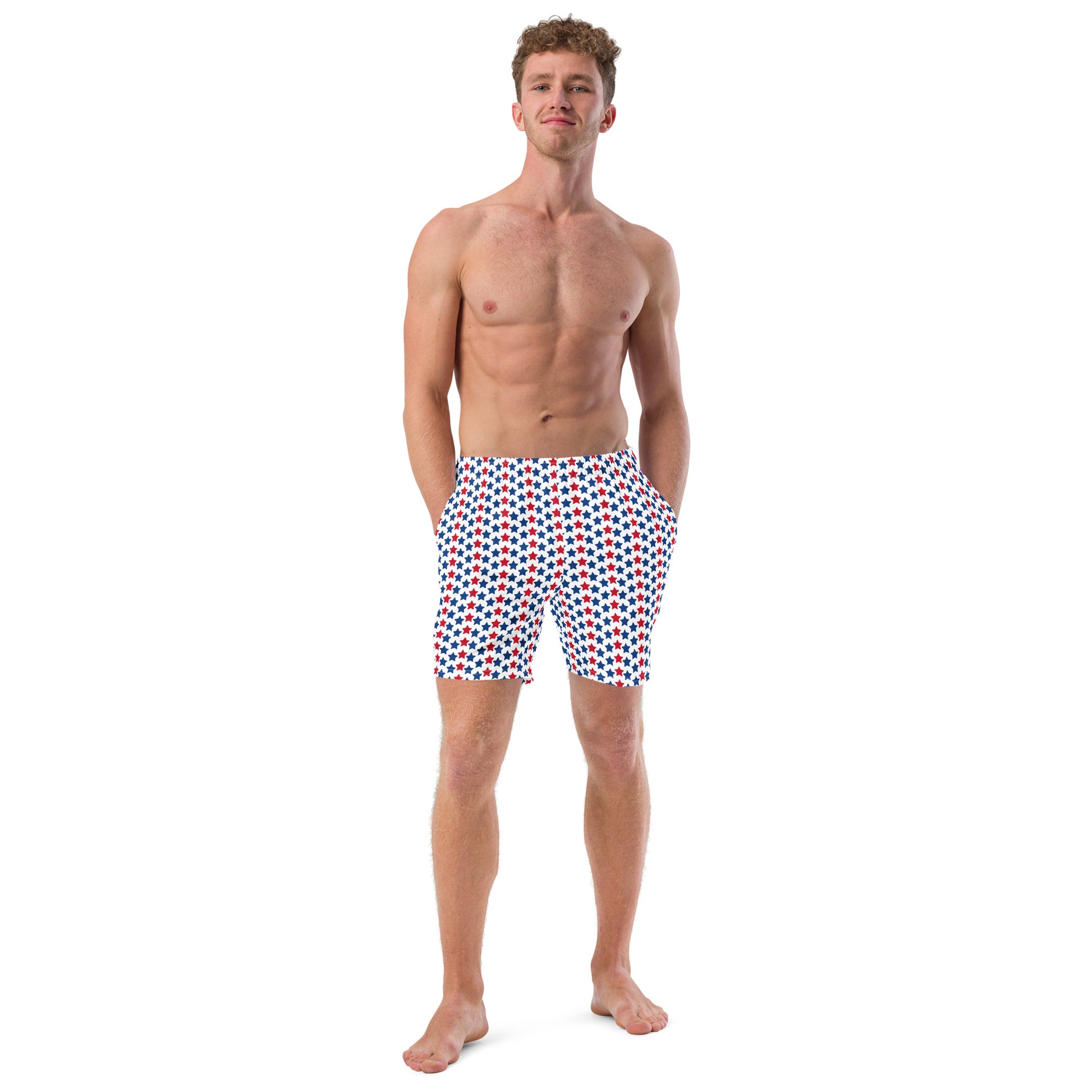 Red, White, And Stars Men's Swim Trunks - Perfect for a hot summer day, these swim trunks offer everything you need: quick-drying, breathable fabric, multiple pockets for your belongings, and a silky, anti-chafe inner liner. Get yours now!  • Anti-chafe mesh inner liner • Elastic waistband with drawcord • Mesh pockets • Small inside pocket for valuables (not waterproof) • UPF 50+