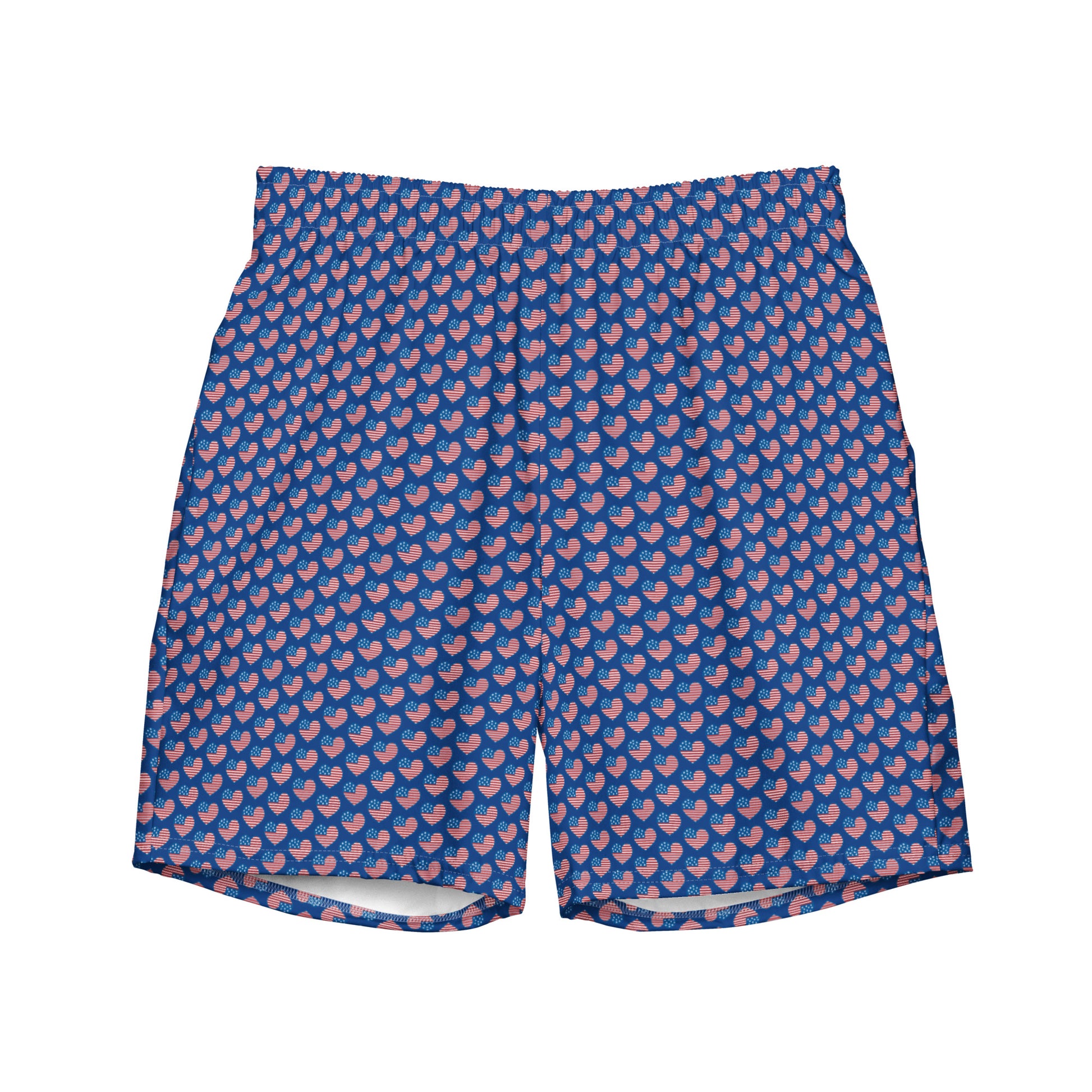 American Hearts Men's Swim Trunks - Perfect for a hot summer day, these swim trunks offer everything you need: quick-drying, breathable fabric, multiple pockets for your belongings, and a silky, anti-chafe inner liner. Get yours now!  • Anti-chafe mesh inner liner • Elastic waistband with drawcord • Mesh pockets • Small inside pocket for valuables (not waterproof) • UPF 50+