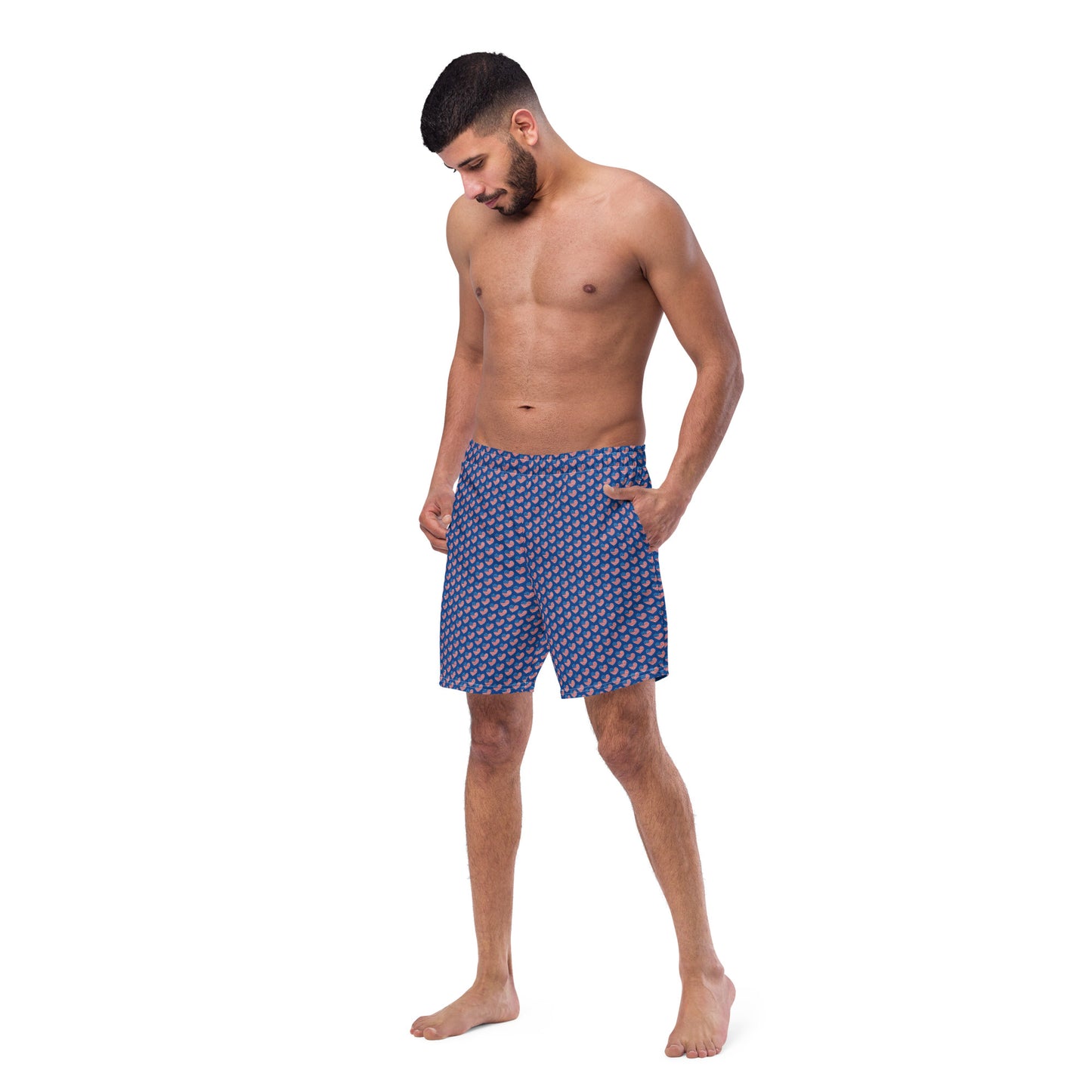 American Hearts Men's Swim Trunks - Perfect for a hot summer day, these swim trunks offer everything you need: quick-drying, breathable fabric, multiple pockets for your belongings, and a silky, anti-chafe inner liner. Get yours now!  • Anti-chafe mesh inner liner • Elastic waistband with drawcord • Mesh pockets • Small inside pocket for valuables (not waterproof) • UPF 50+