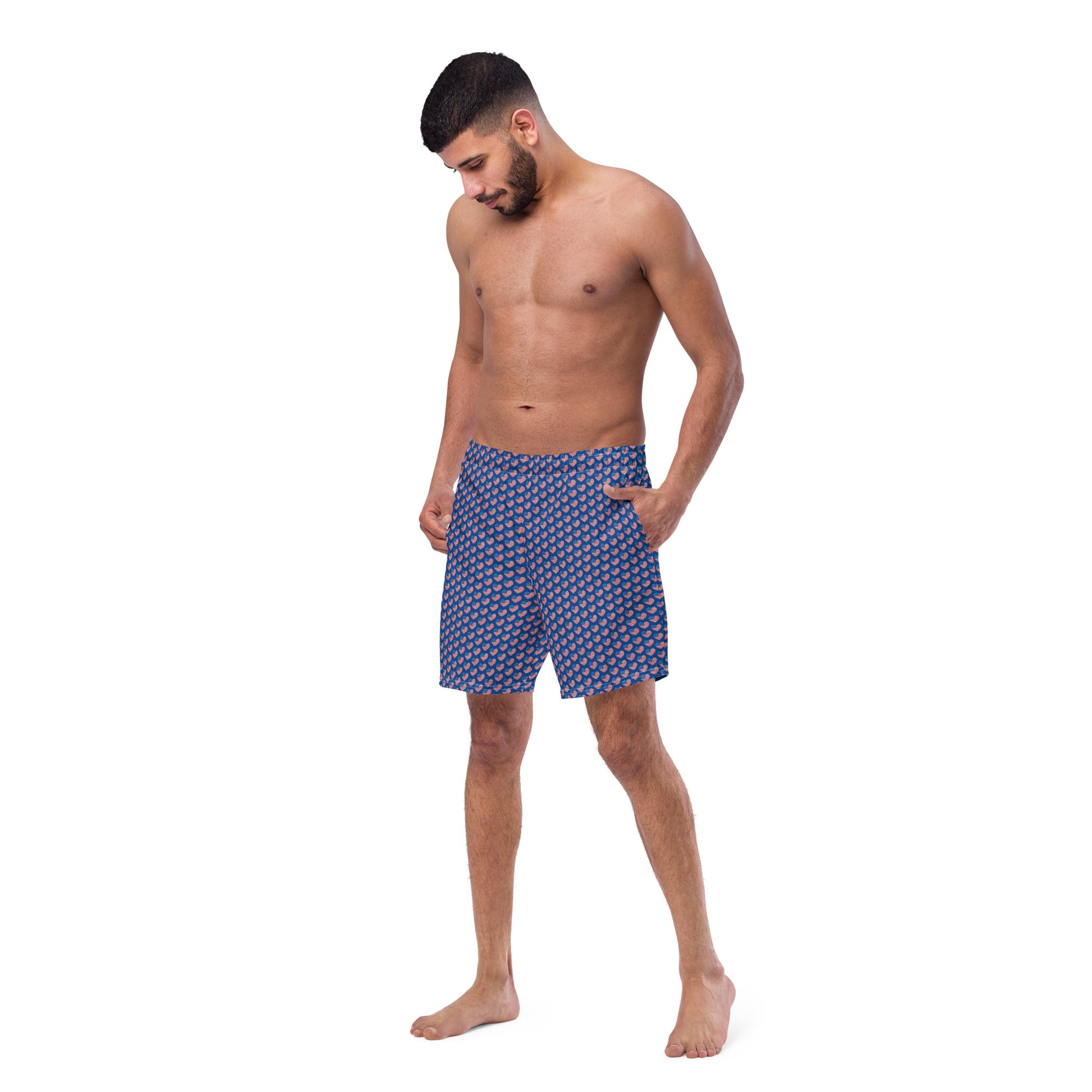 American Hearts Men's Swim Trunks - Perfect for a hot summer day, these swim trunks offer everything you need: quick-drying, breathable fabric, multiple pockets for your belongings, and a silky, anti-chafe inner liner. Get yours now!  • Anti-chafe mesh inner liner • Elastic waistband with drawcord • Mesh pockets • Small inside pocket for valuables (not waterproof) • UPF 50+