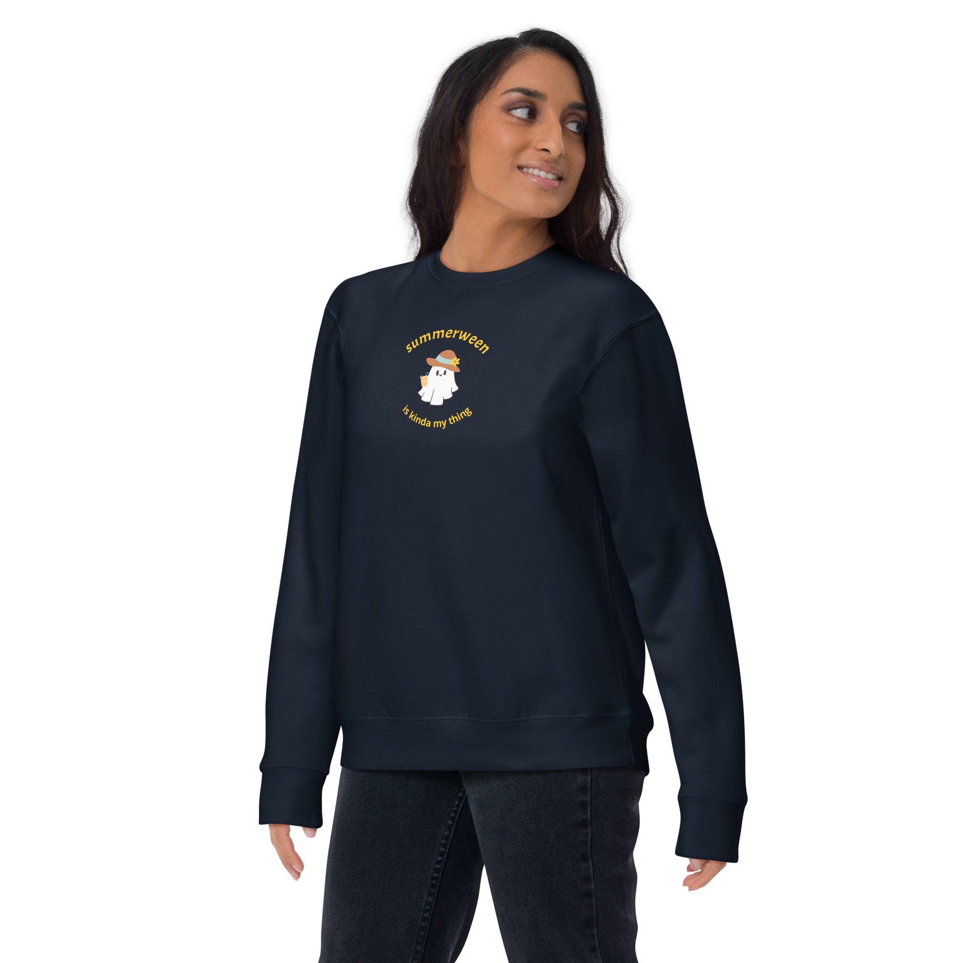 Stay Cozy in Spooky Style! Introducing the Summerween Is Kinda My Thing Unisex Premium Sweatshirt by The Banannie Diaries – perfect for a classic and contemporary streetwear look! 