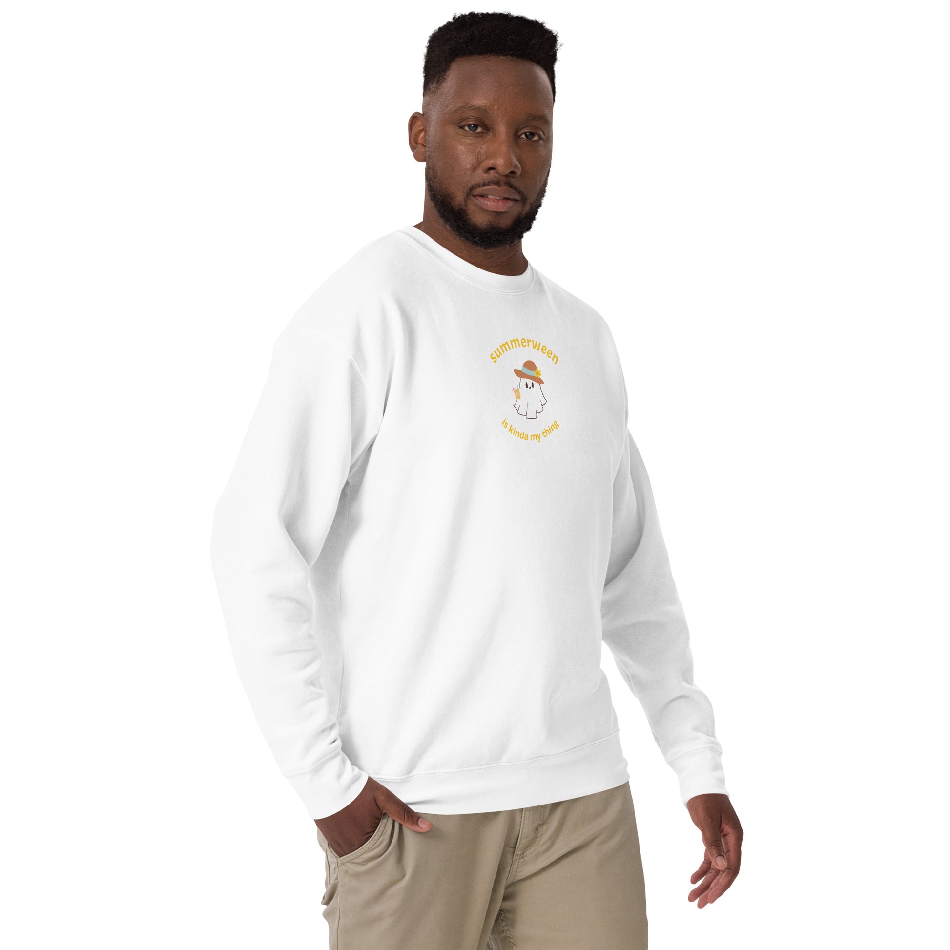 Stay Cozy in Spooky Style! Introducing the Summerween Is Kinda My Thing Unisex Premium Sweatshirt by The Banannie Diaries – perfect for a classic and contemporary streetwear look! 