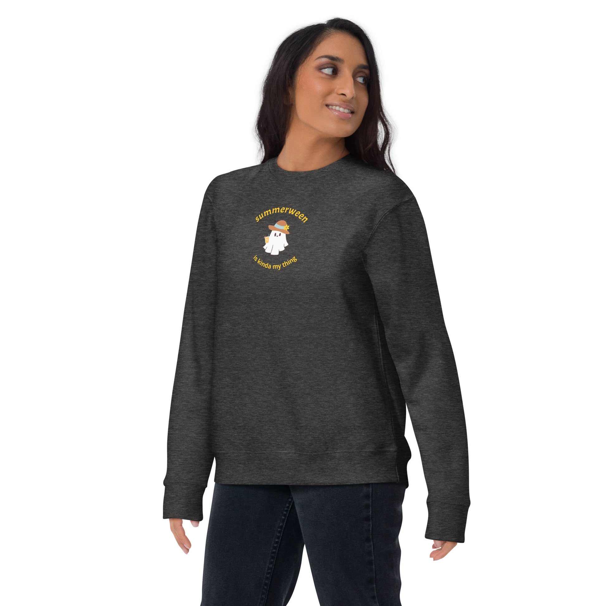 Stay Cozy in Spooky Style! Introducing the Summerween Is Kinda My Thing Unisex Premium Sweatshirt by The Banannie Diaries – perfect for a classic and contemporary streetwear look! 
