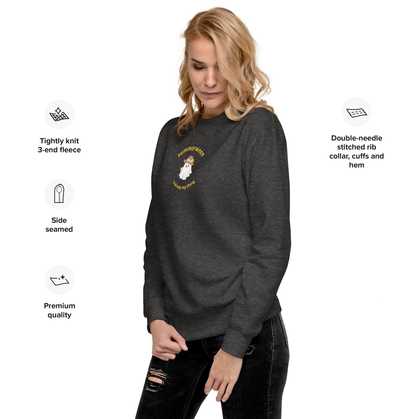Stay Cozy in Spooky Style! Introducing the Summerween Is Kinda My Thing Unisex Premium Sweatshirt by The Banannie Diaries – perfect for a classic and contemporary streetwear look! 
