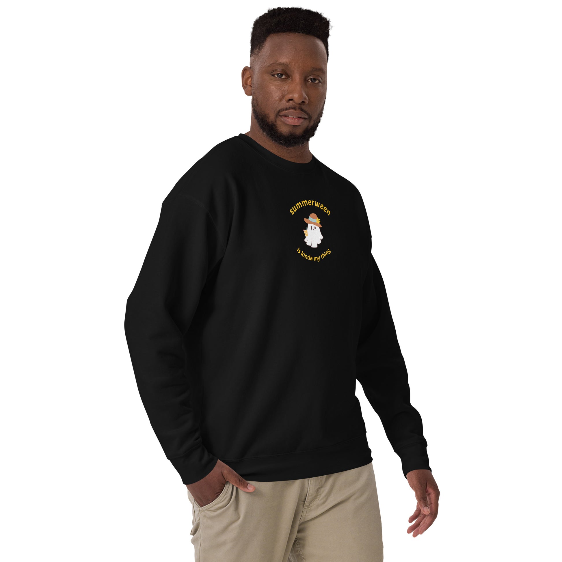 Stay Cozy in Spooky Style! Introducing the Summerween Is Kinda My Thing Unisex Premium Sweatshirt by The Banannie Diaries – perfect for a classic and contemporary streetwear look! 