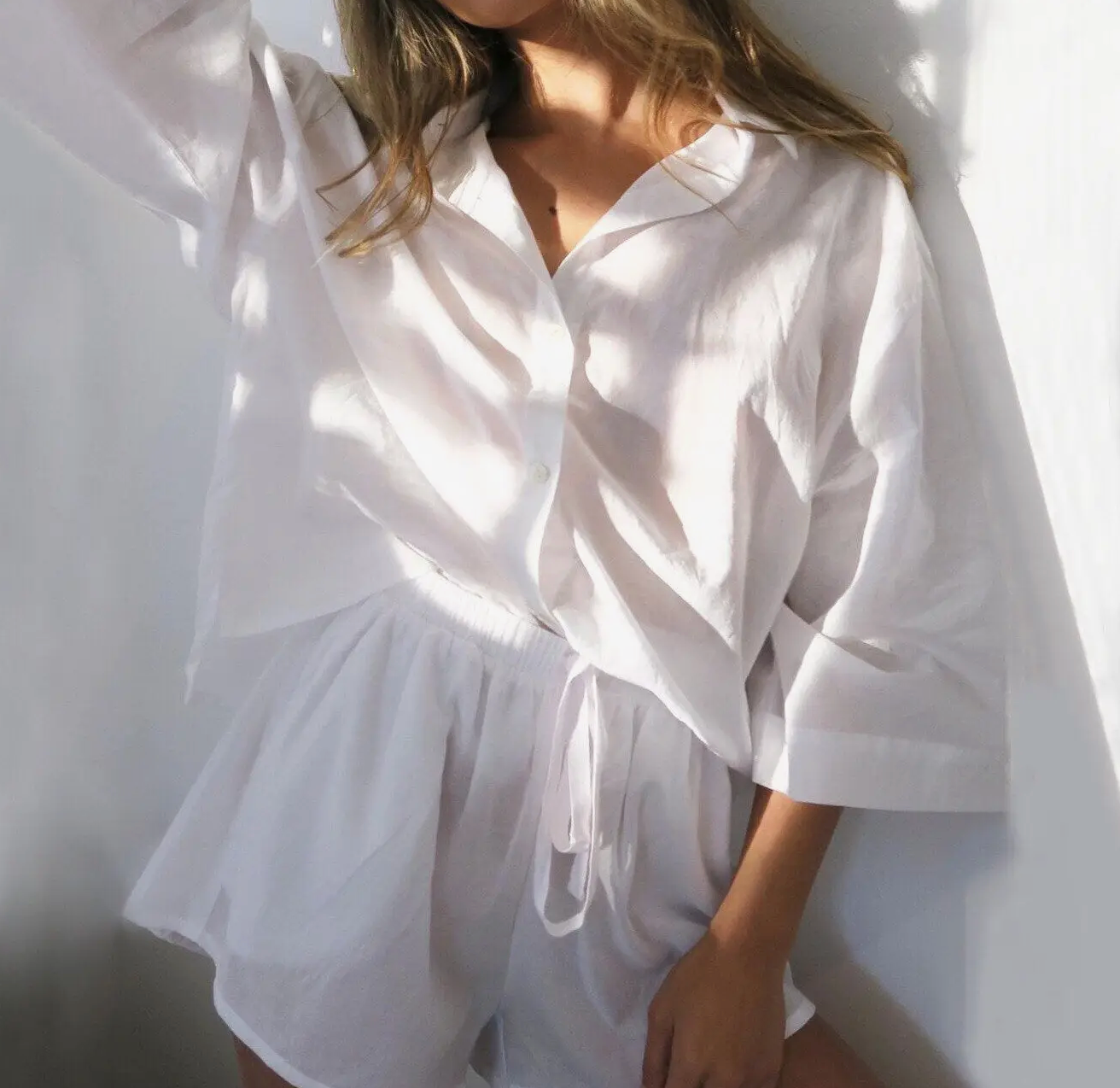 White Loungewear Set - Shirt and Shorts